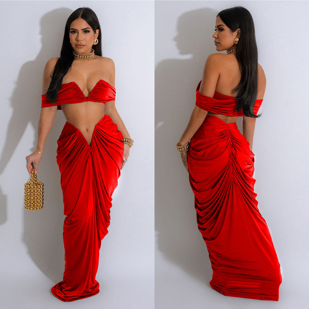 C6822 cross-border   fashion women's solid color sexy bandeau pleated skirt two-piece set