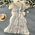 K-style floral dress for women, summer v neck, short-sleeved waist, a-line long skirt, holiday style elegant skirt