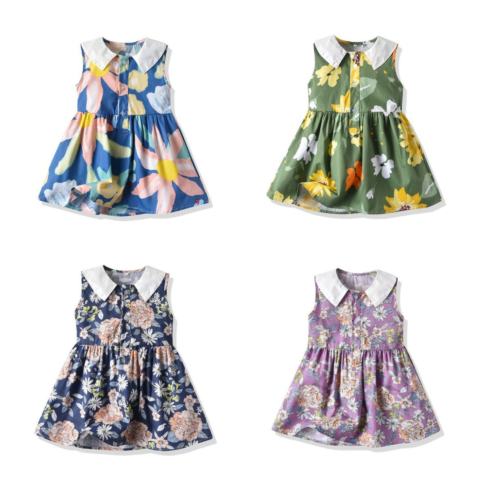 Wholesale foreign trade spring/summer new arrivals: printed floral european and american style girls' dresses, baby turn-down collar sleeveless princess dresses