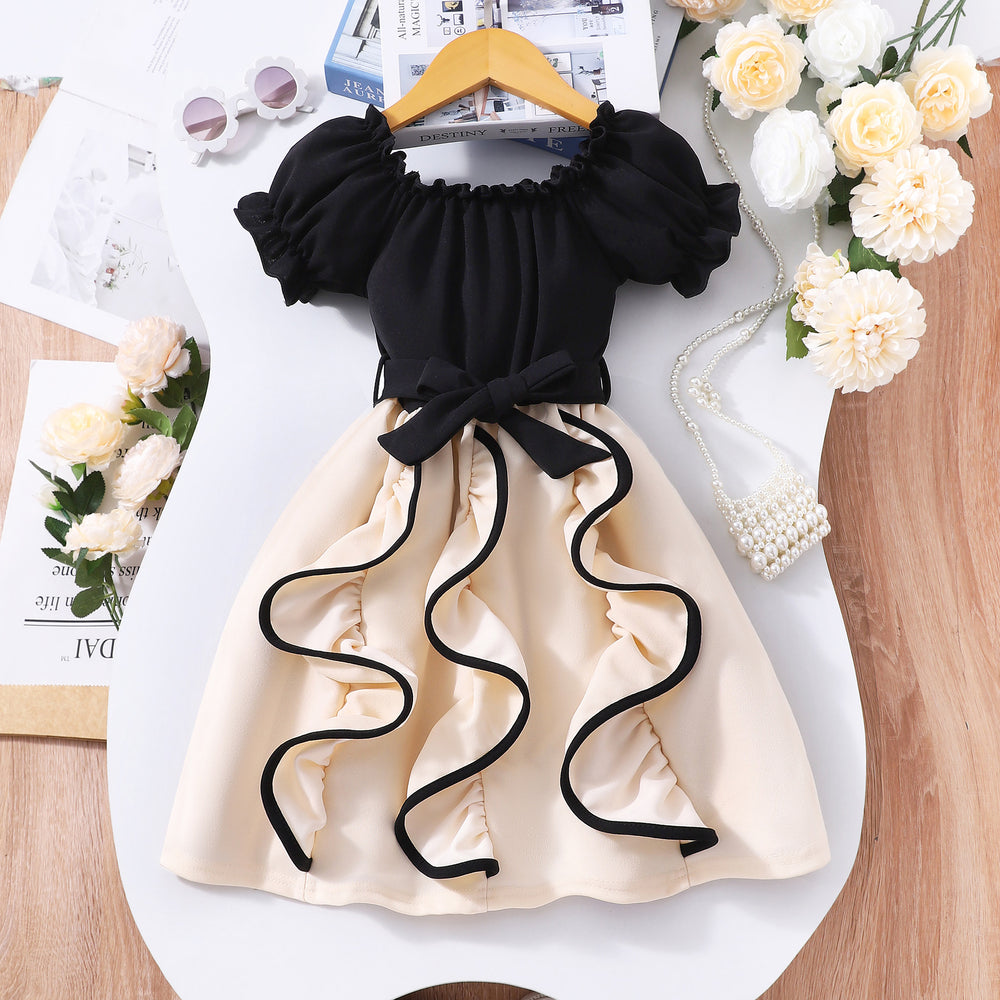 Girls' dress for toddlers and young children, wavy hem corset-top short sleeve dress