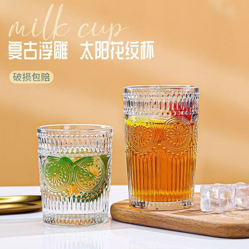 Personalizedretro sunflower glass drinking water household water cup tall style embossed breakfast cup good-looking gift