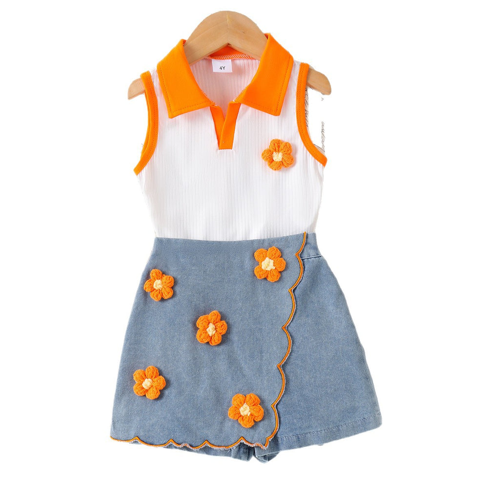 Children's clothing cross-border european and american girls orange collar white vest + blue skirt baby