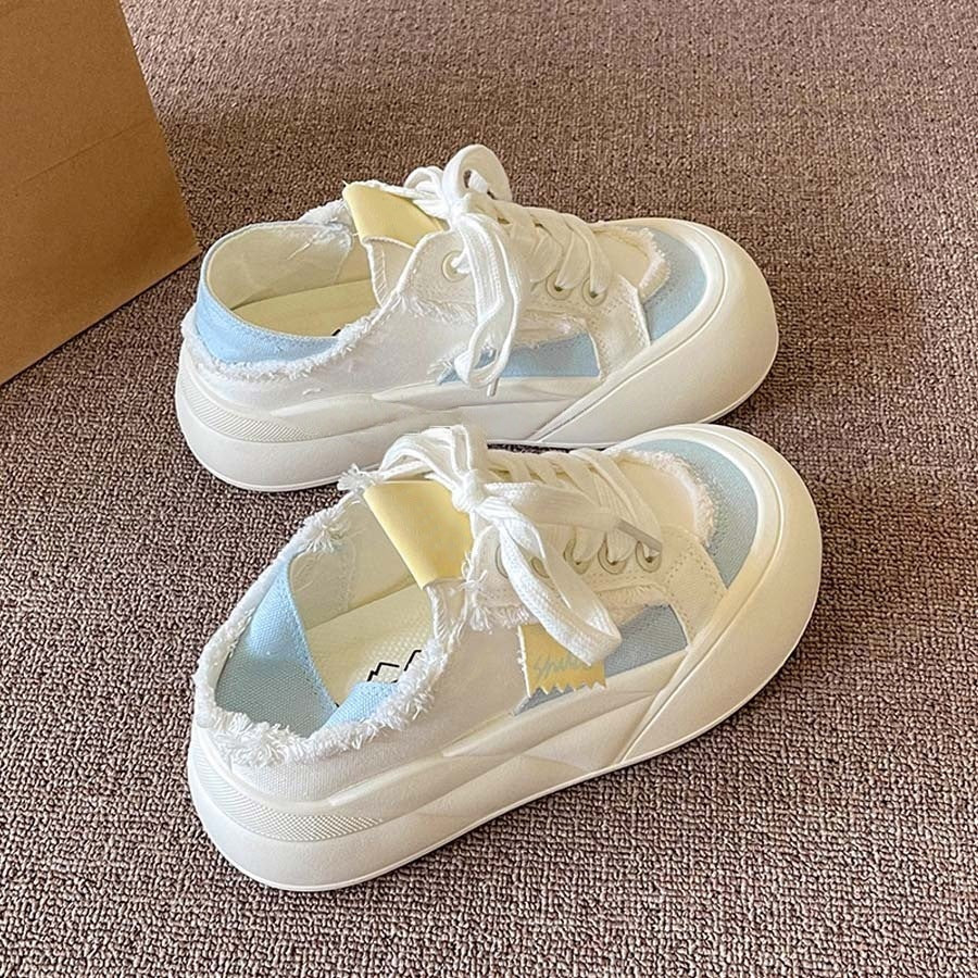 2026 new summer/autumn two-wear slip-on chunky sole canvas sneakers - women's student style, white shoes, versatile bread shoes