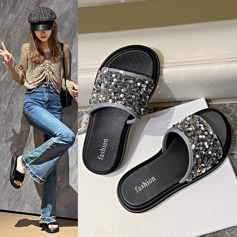 Thick sole sandals and slippers for women new arrivalsummeroutwearclassy sense exquisite sequinplatform shoes bottom women's slippers