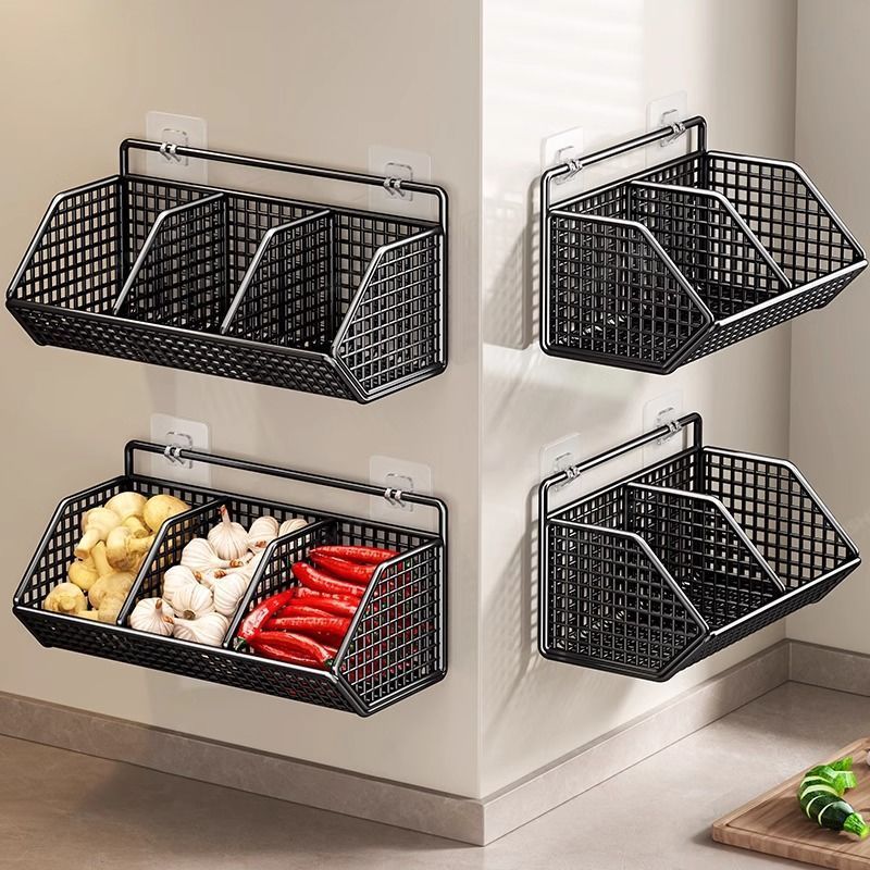 Kitchen onion, ginger and garlic storage basket, punch-free storage rack, wall-mounted oblique mouth thickened storage artifact, multi-functional hanging basket