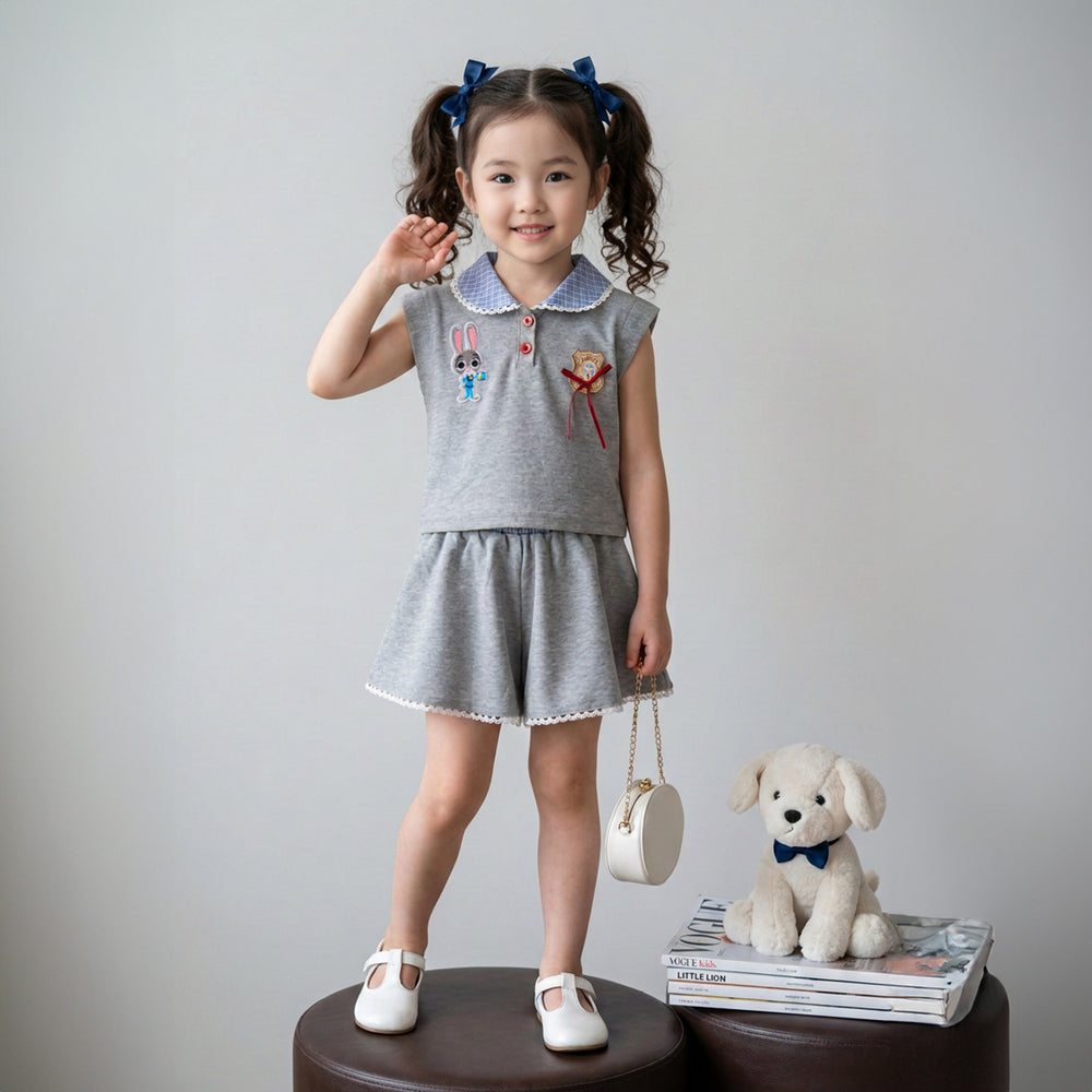 Girls' set: collared vest & lace shorts outfit - preppy zootopia bunny officer two-piece wholesale