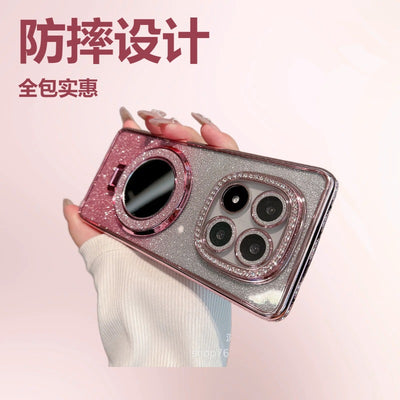 Suitable for redmi note15pro rhinestone electroplating makeup mirror mobile phone case xiaomi 14t all-inclusive glitter magnetic holder