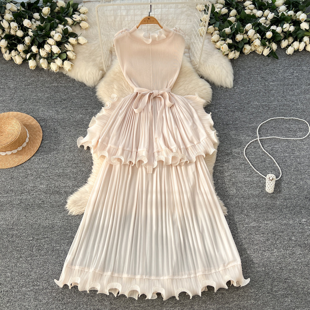 European and american light luxury sleeveless dress - women's summer ruffle hem, cinched waist, elegant, unique, exquisite maxi dress