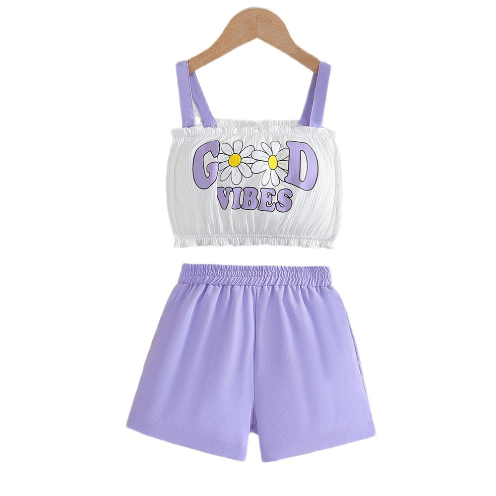 girls' summer cami set with lace and letter print, purple active shorts, kids' two-piece outfit for going out