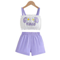 girls' summer cami set with lace and letter print, purple active shorts, kids' two-piece outfit for going out