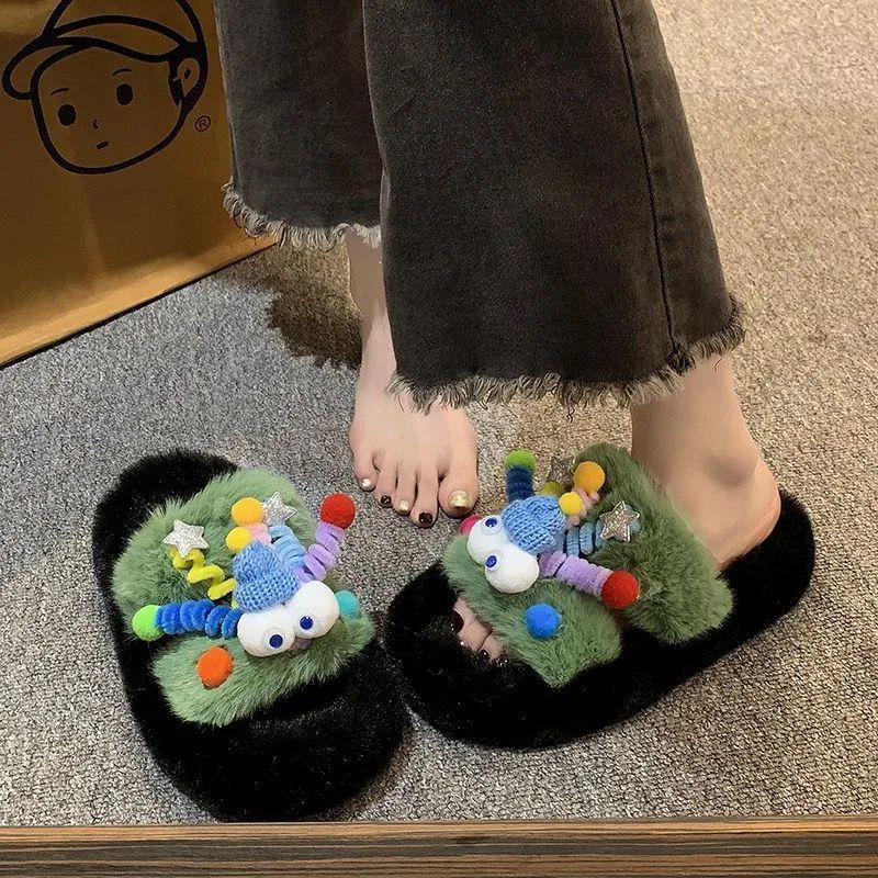 Fuzzy slippers women's outerwear 2025 new korean style ins trendy shoes autumn and winter one-strap thick-soled cotton slippers spring and summer