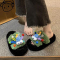 Fuzzy slippers women's outerwear 2025 new korean style ins trendy shoes autumn and winter one-strap thick-soled cotton slippers spring and summer