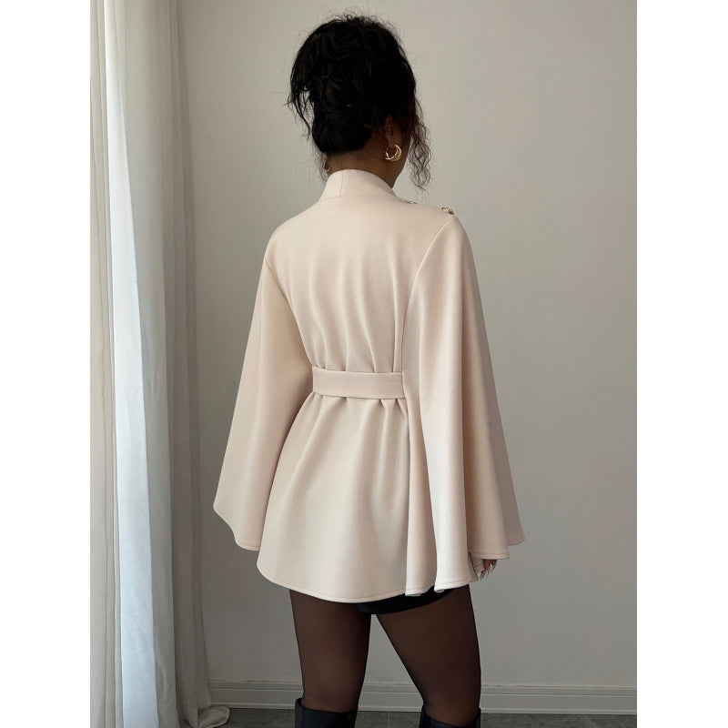 Women's autumn/winter new fashion elegant stand collar cinched waist flared sleeve solid color cape style wool coat outerwear
