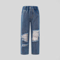 New arrivalkidsjeans cross-border children's clothing blue ripped pants distressed retrogirlpants medium and large children's straight-leg pants