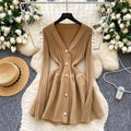 French style women's high-end v-neck metallic buckle waist-defining long sleeve knit dress - autumn/winter slimming chic sweater dress