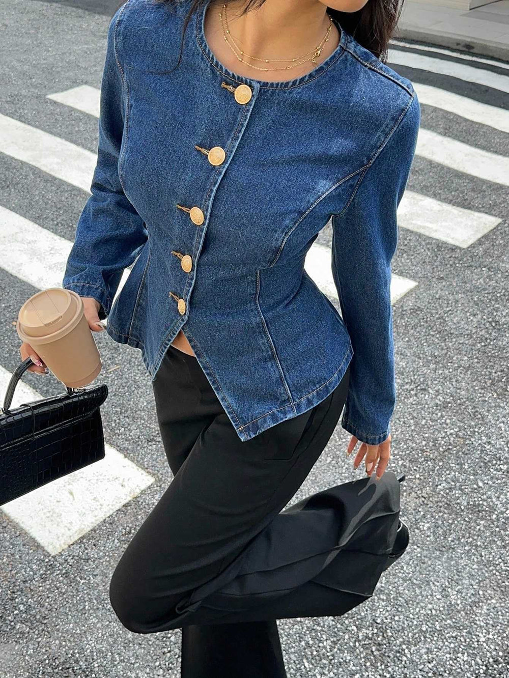Amazon tiktok pinduoduo foreign trade cross-border fashion round neck waist fishtail denim short jacket
