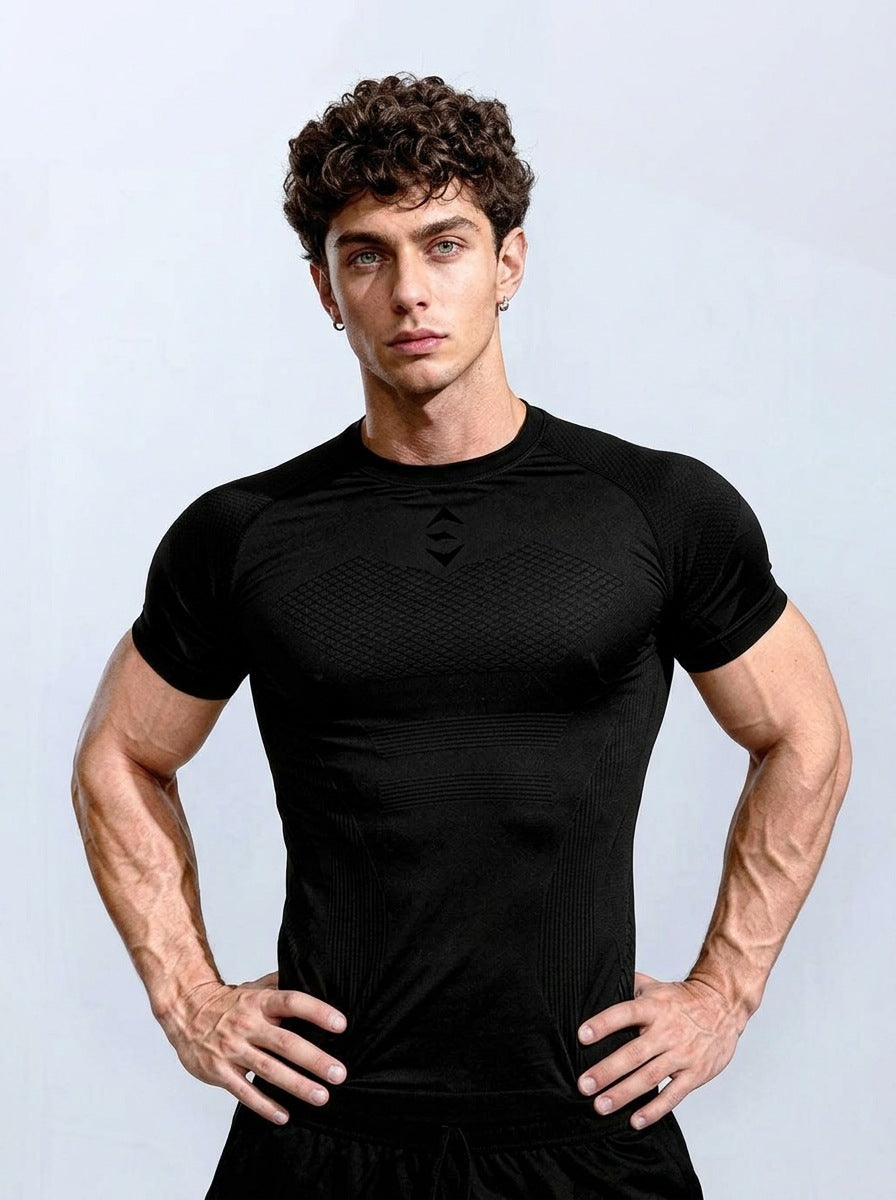 export custom seamless jacquard athletic short-sleeve men's quick-dry fitness training stretch slim-fit crew neck t-shirt for summer