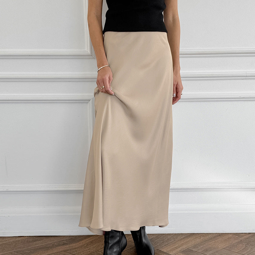 2024 autumn new textured imitation acetic acid satin skirt women's commuter drape khaki high waist long skirt women's clothing