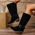 Exportplus sizesharp toe square heel metal buckle suede workwear boots fall and winternew arrival long tube non-knee women's boots