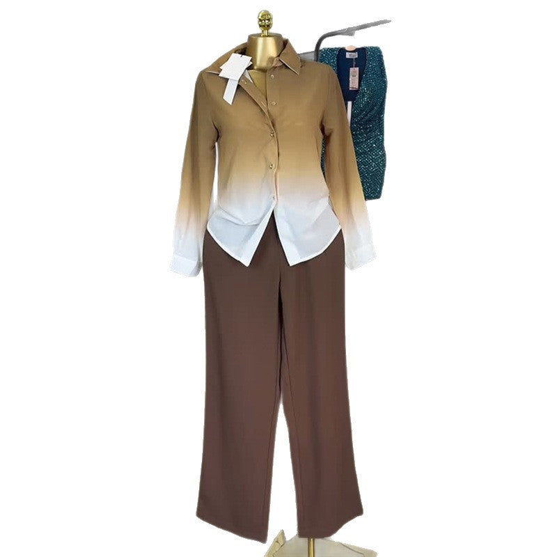 European and american women's clothing  autumn new collection: sweet and fresh gradient long-sleeve shirt and high-waisted straight-leg pants two-piece set