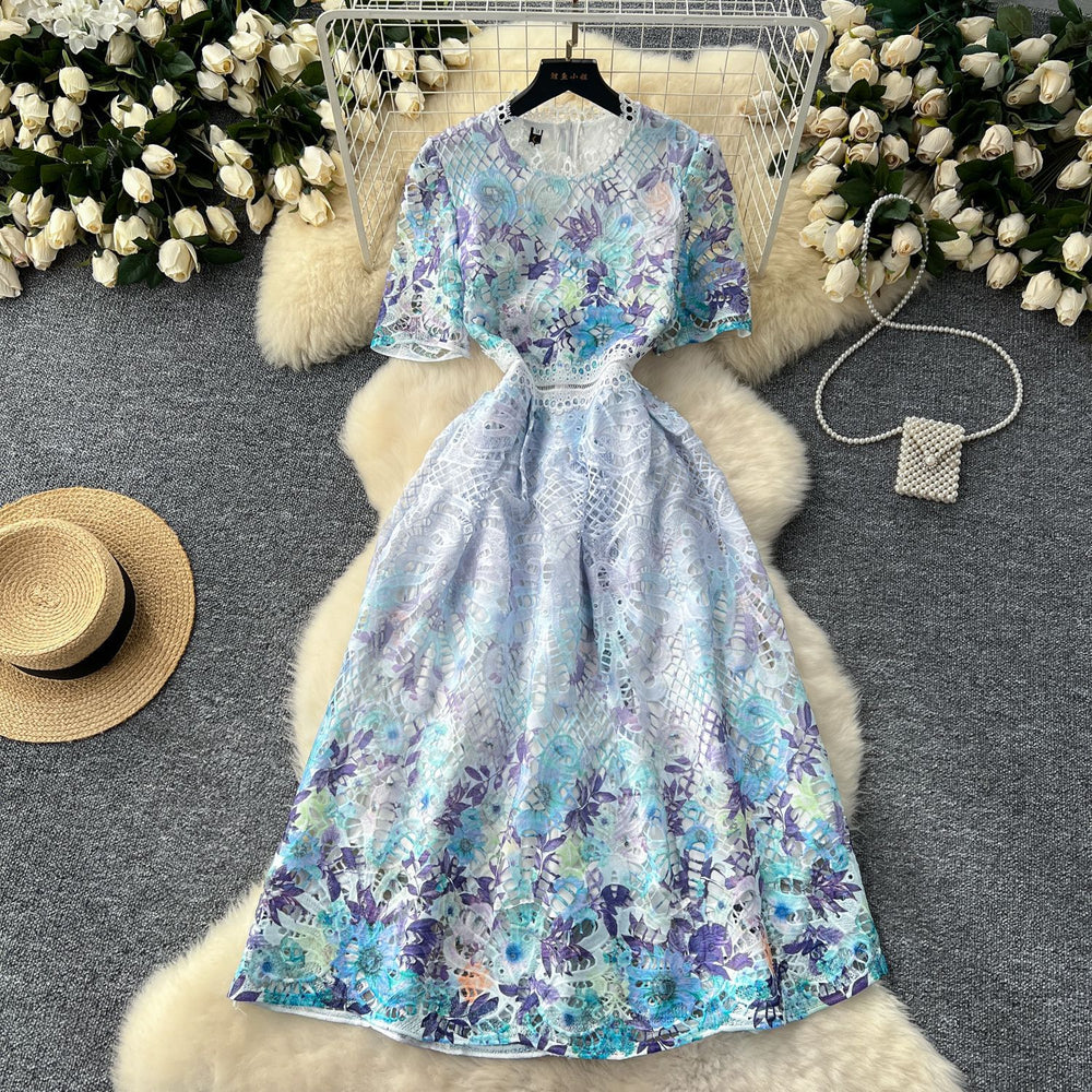 Frenchclassy sense cut out water-soluble laceprintingdress women's slimming look elegant round neck short-sleeved mid-length skirt