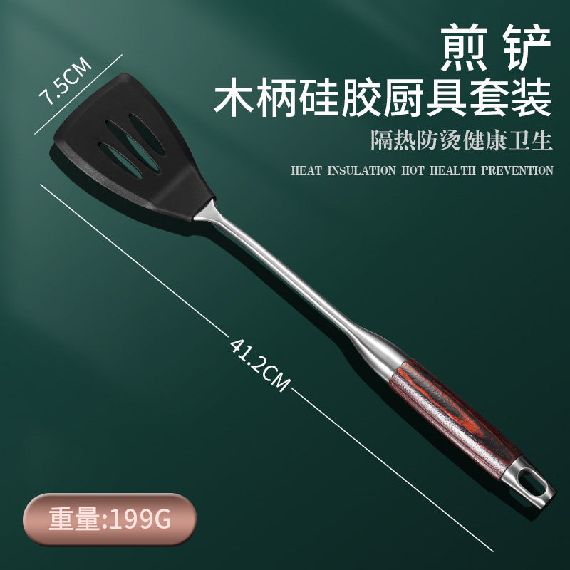 Daoqi 304 stainless steel silicone spatula household kitchen tools high temperature non-stick pan wooden handle cooking spoon spatula