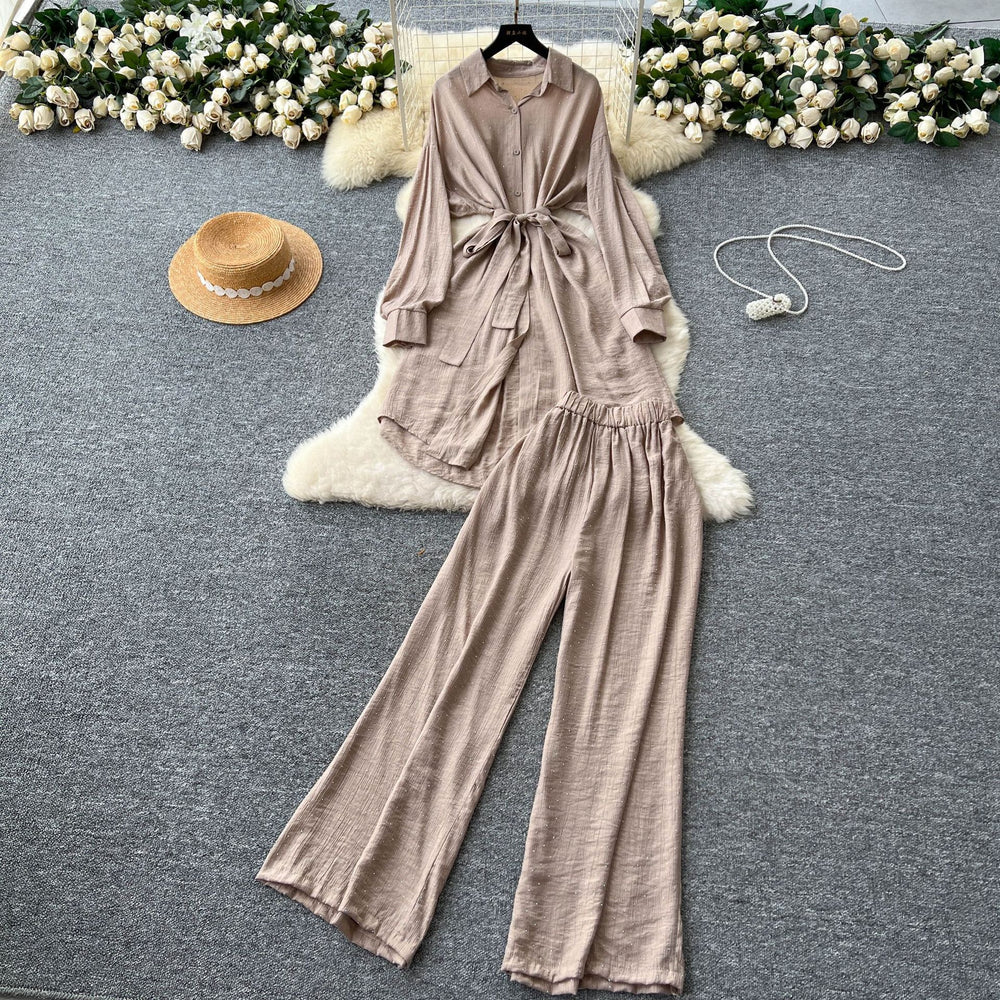Fashionsuitfemalek-stylecasual lazy style strap waist mid-length hot diamond shirt high waist wide leg straight-leg pants
