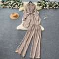 Fashionsuitfemalek-stylecasual lazy style strap waist mid-length hot diamond shirt high waist wide leg straight-leg pants