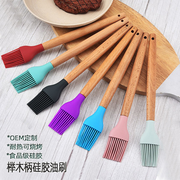 Wooden handle silicone baking kitchen utensils, beech non-stick pans, household baking tools, silicone oil brush for barbecue, removable