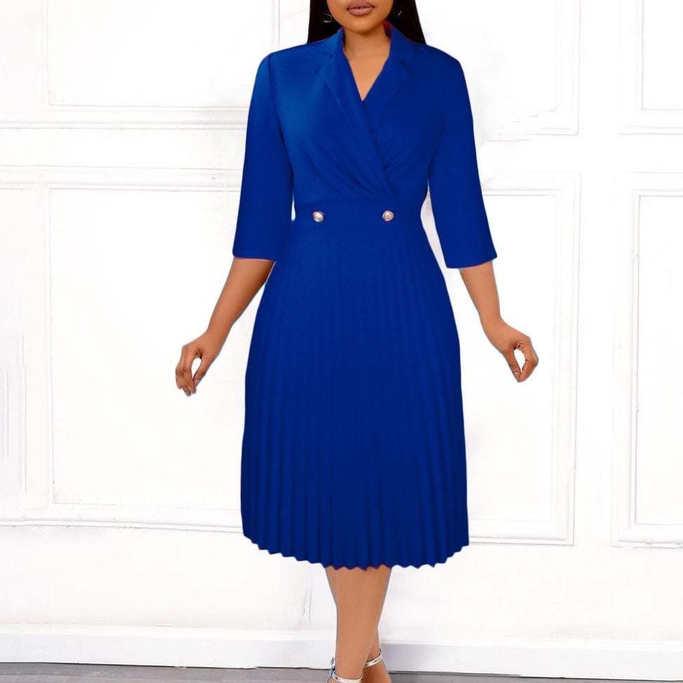D3123 european and american women's clothing  autumn new arrival solid color elegant blazer collar pleated lapel export dress