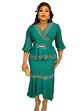 V-neck, waist-cinching, mid-sleeve top and midi skirt set with hot-fix rhinestones and bead embellishments – trendy african women's clothing, cross-border wholesale, special price