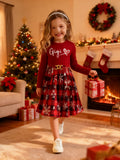 christmas girls' dress - red crew neck long sleeve letter print patchwork plaid skirt