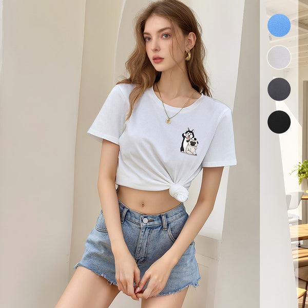 2025 new European and American casual tops  loose crew neck cute puppy cartoon printed t-shirt women