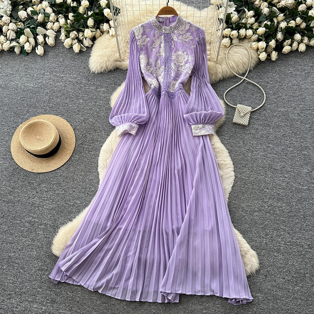 Lady style lantern sleeve sequinlacedress women's summer white stand collar waist pleated long skirt classy sense dress