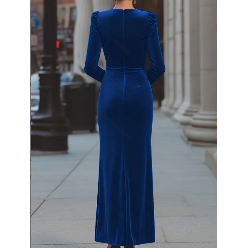 Women's autumn/winter elegant sexy deep v-neck cinched waist slit long sleeve velvet dress - perfect for evening events