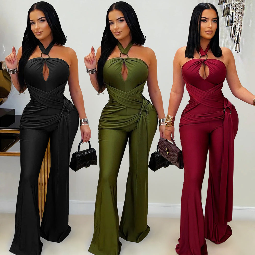 C7570 cross-border    new arrival women's pure colorelegant halter neck wide leg arm bag jumpsuit