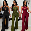 C7570 cross-border    new arrival women's pure colorelegant halter neck wide leg arm bag jumpsuit