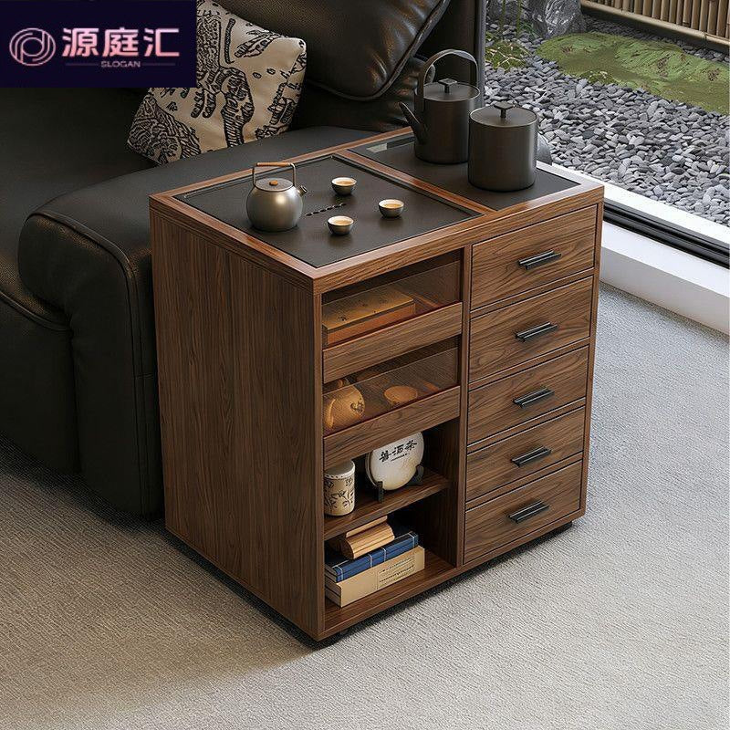Second-hand style tea table balcony small apartment movable all solid wood tea side table tea making with water boiling tea cabinet tea table