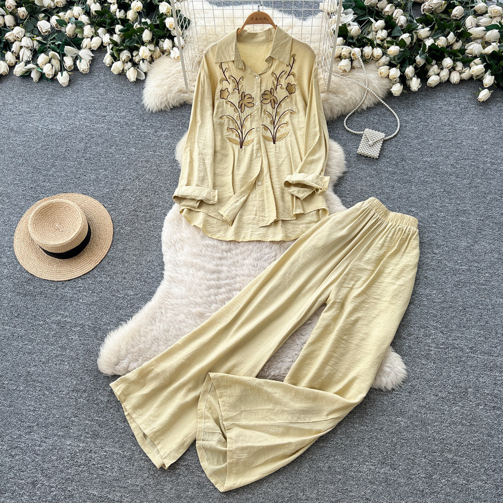 Lazy style pink embroideringshirtloose pantstwo-piece set female autumcasualcasualwork clothingslimming lookelegantsuit