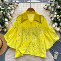 French chic court style blouse - women's fashionable, heavily embellished, rhinestone-studded, cutout embroidery, lantern sleeve top - versatile shirt