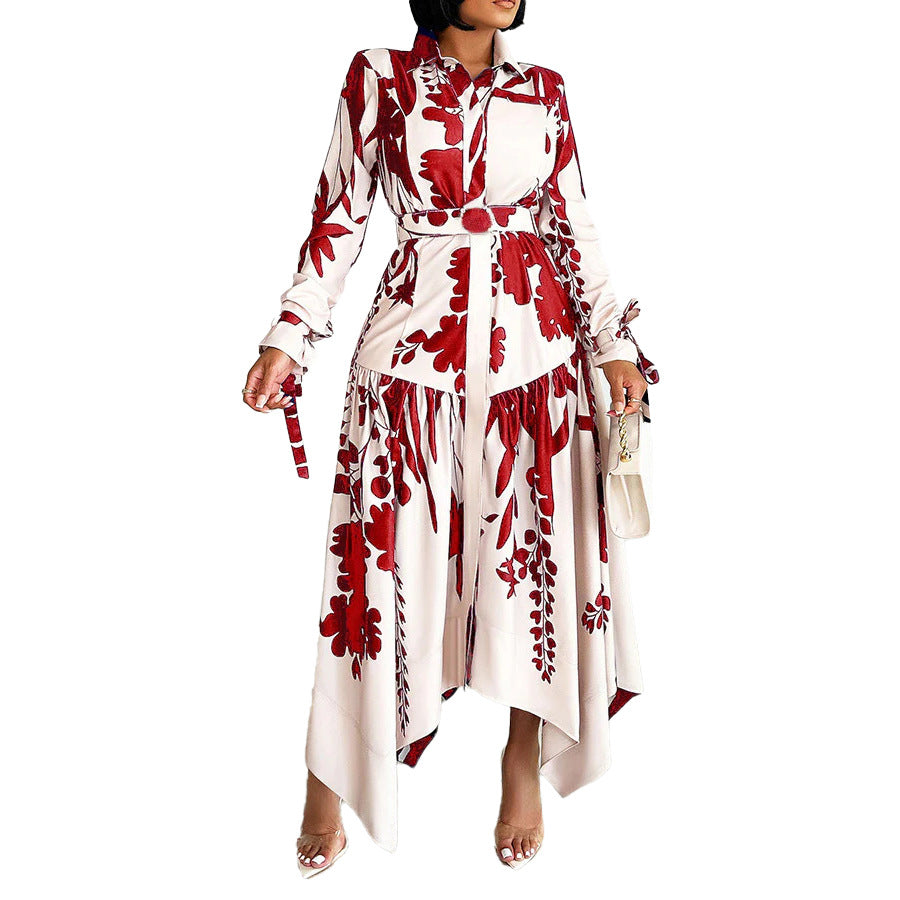 European and american export women's summer new fashionable elegant printed turn-down collar long sleeve irregular skirt printed european and american dress