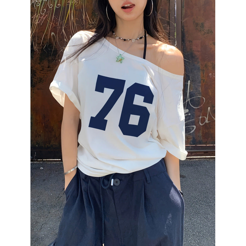 cross-border listing: new  women's printed crew neck off-shoulder short sleeve top