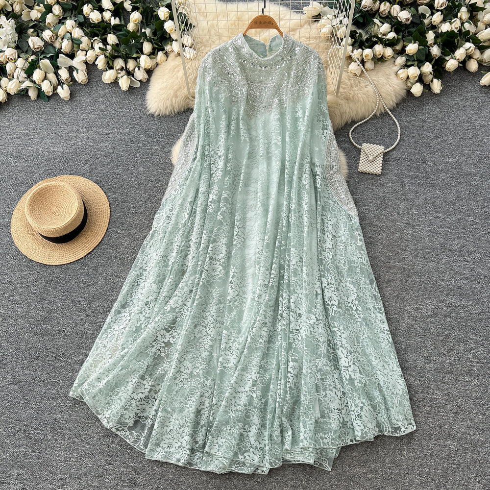 Heavy embroider beads sequin outwearlacedresstwo-piece set women's autumwork clothing style silmslimming looksuitaccessible luxury