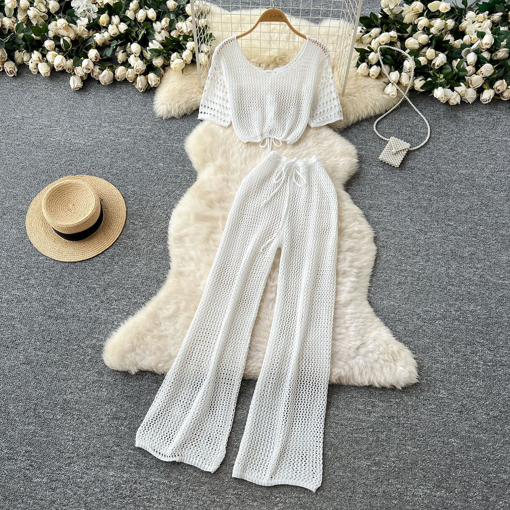 Korean style sweet & chic two-piece set: cutout & tie-strap knit top with high-waisted wide-leg pants