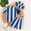 New summer collection: baby & toddler boy's striped color block top + shorts + hat three-piece set - european & american style, cross-border kids' outfit