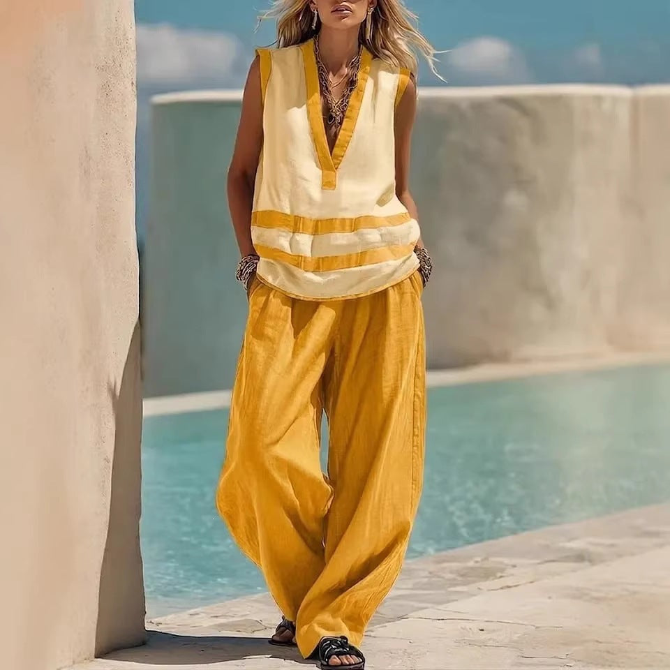 european and american cross-border independent station new v neck sleeveless vest loose pantssuitloosecasualtwo-piece set women