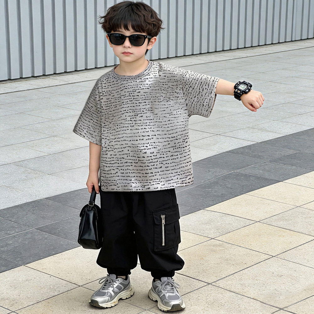 Comfortable and loose-fitting trendy brand short-sleeve t-shirt for boys,  summer print, kids' pure cotton top, fashionable casual children's clothing