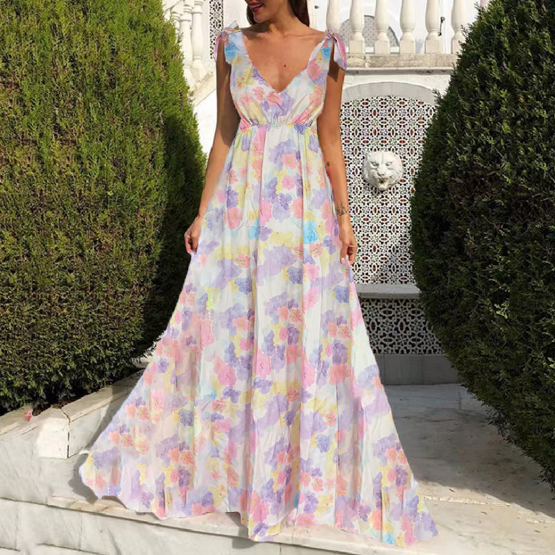 2025 summer new arrivals: cross-border amazon fashion - european & american style open-back printed dress, sleeveless maxi slip dress with flared skirt