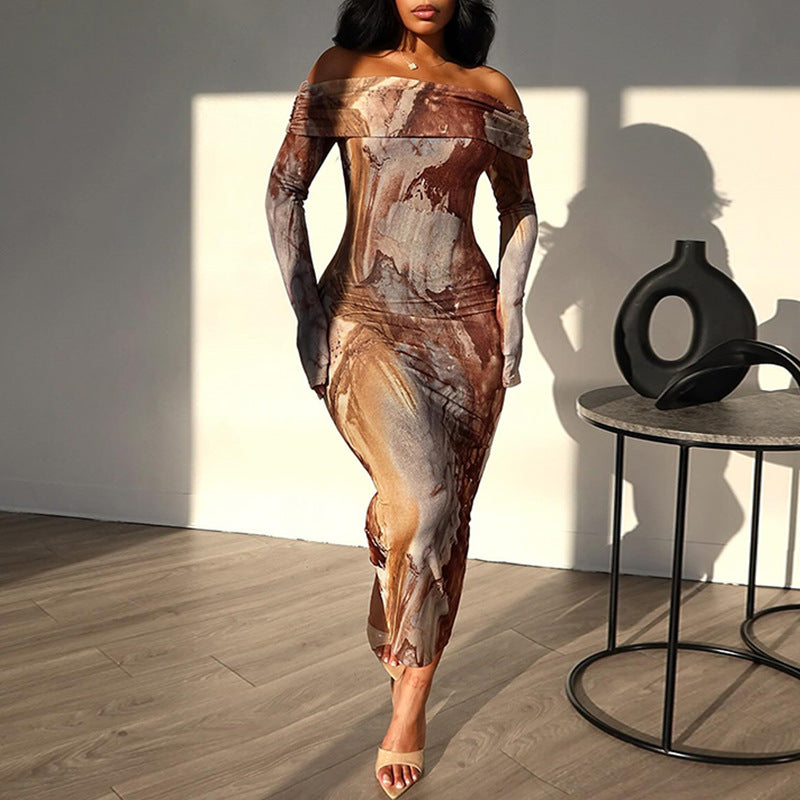 European and american style ins foreign trade women's retro fashion printed one-shoulder long sleeve one-step dress trendy 3d print