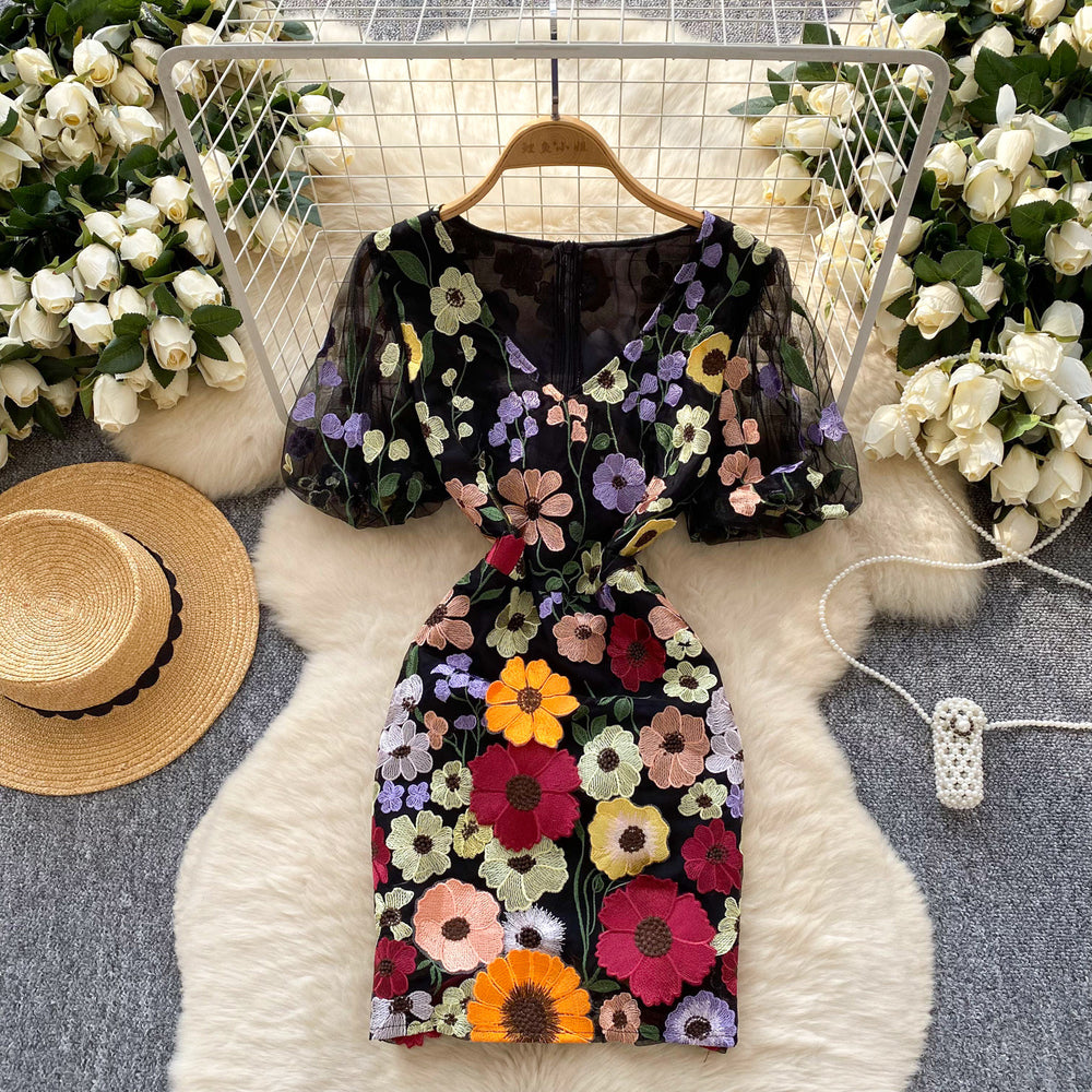 French style outfit for women french palace heavy industry embroider mesh puff sleeves waist dress for women slimming lookelegantdress